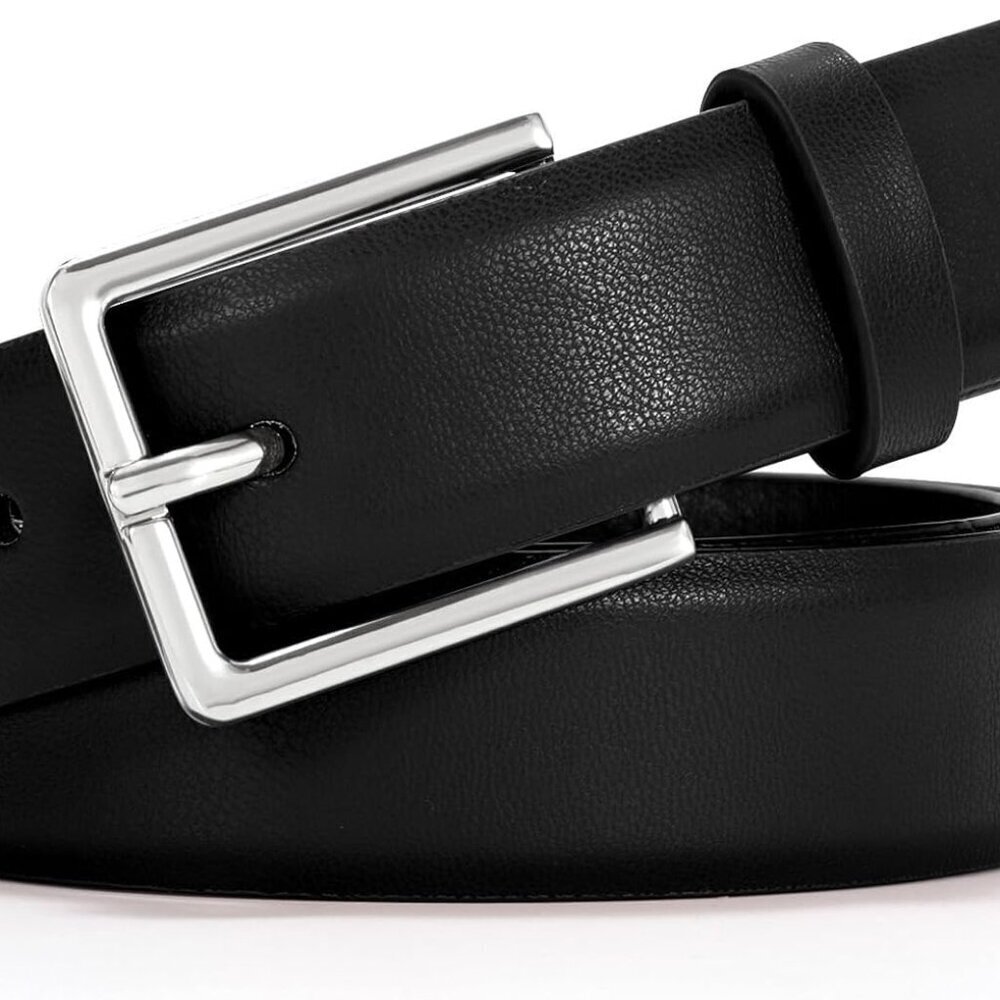 Classic Black Leather Belt with Silver Buckle